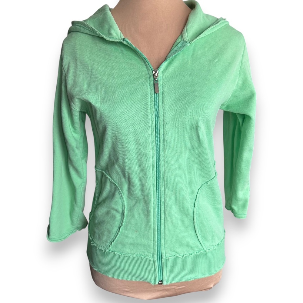 T2 LOVE green zip hoodie distressed cotton sweatshirt size 14 fits small